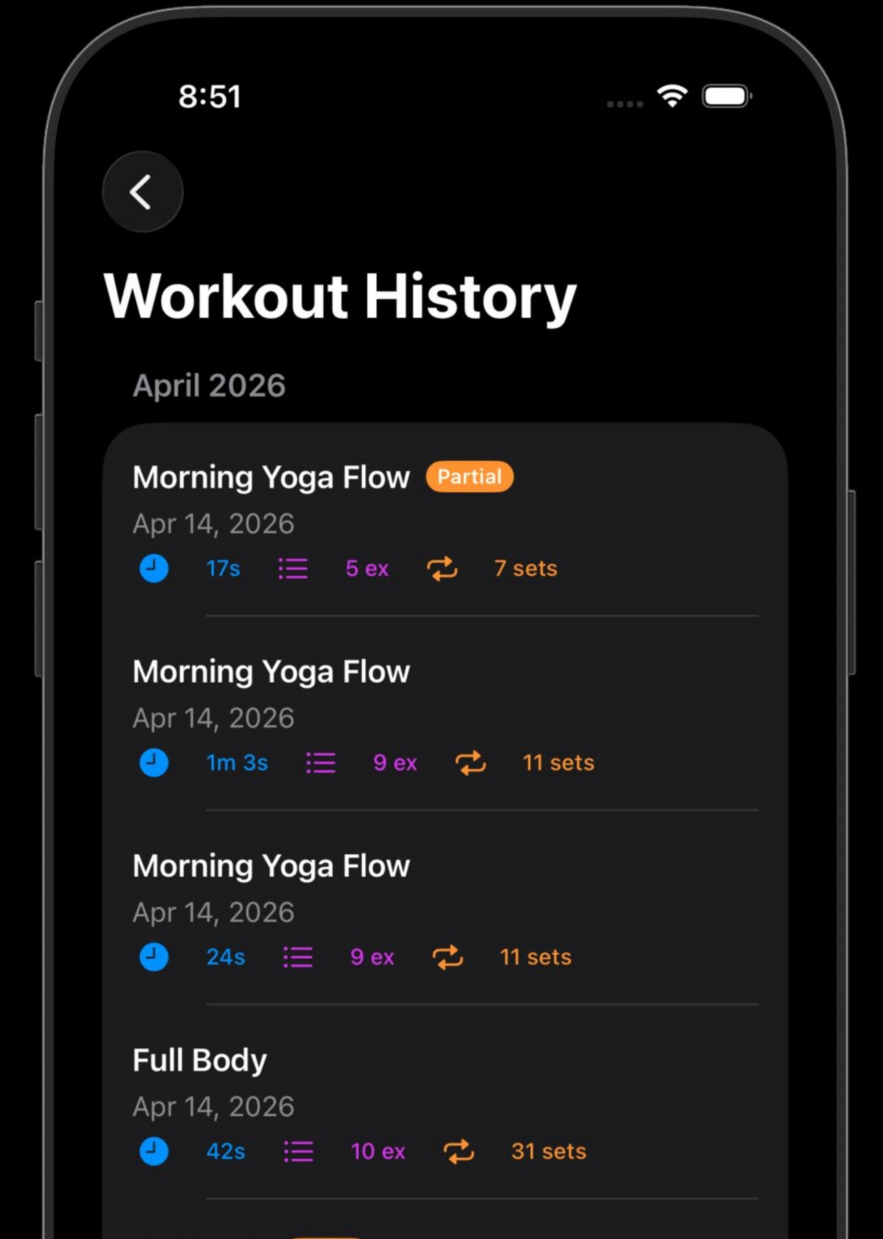 FitPulseTracker workout history screen