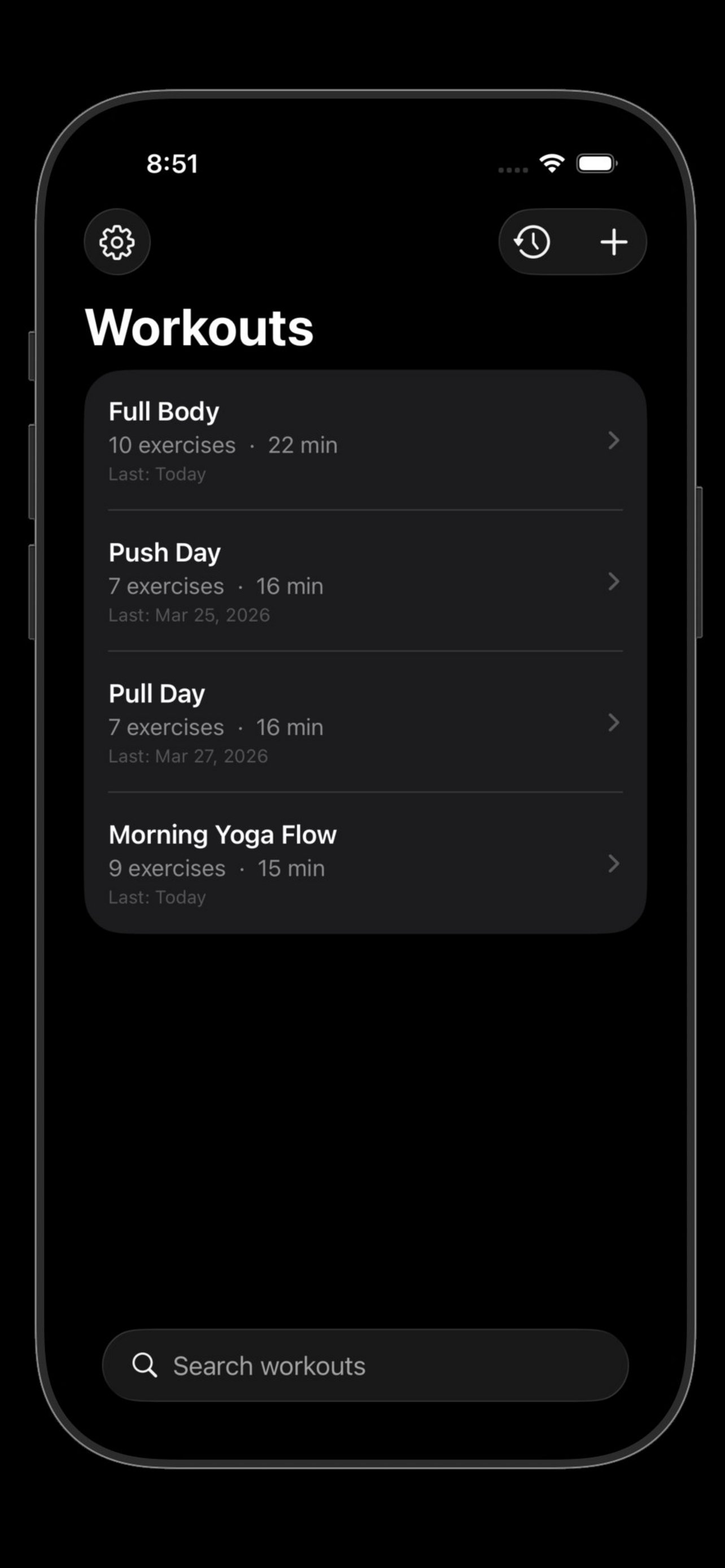 FitPulseTracker exercise list view