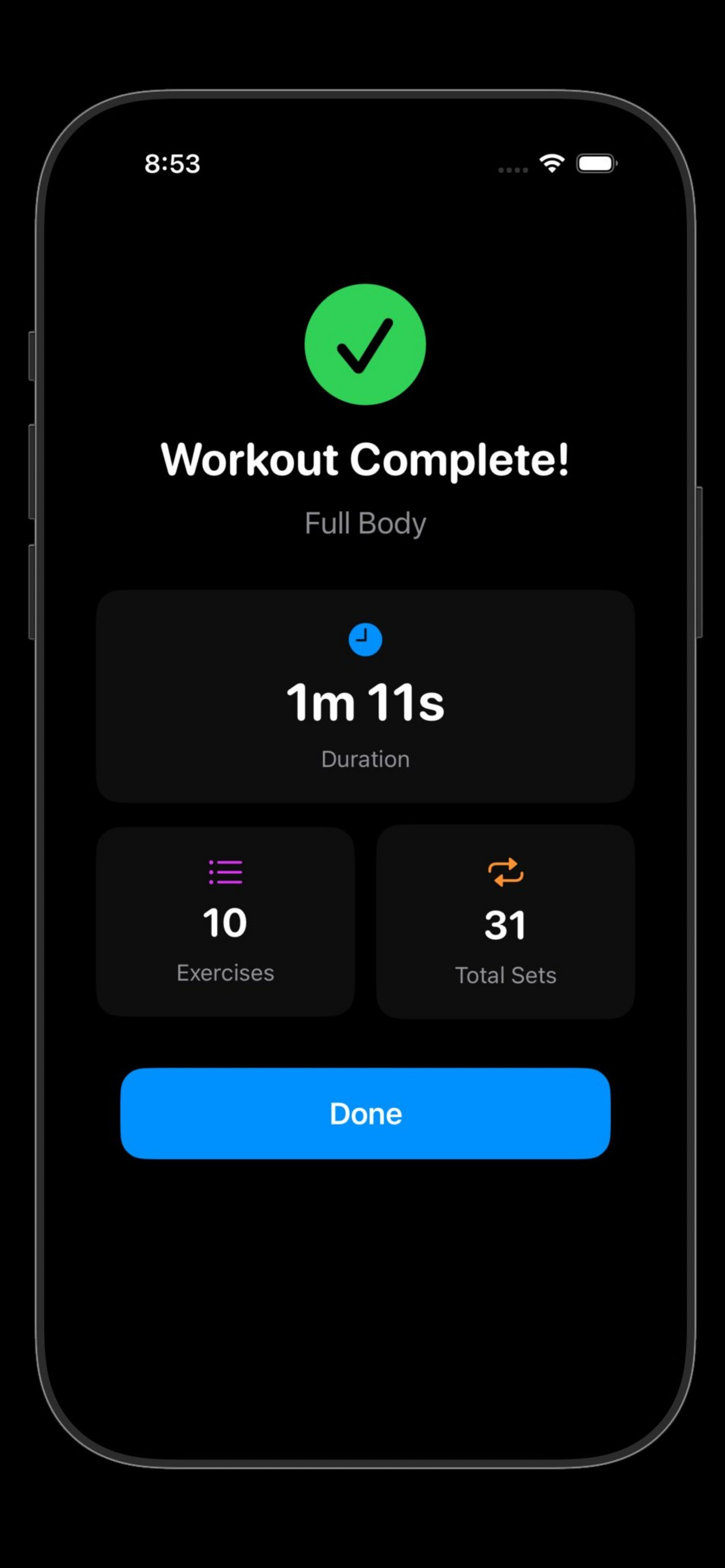 FitPulseTracker workout complete screen